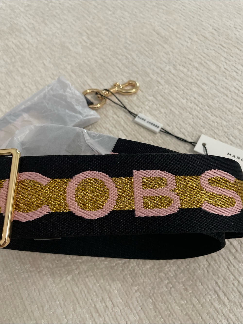 Marc Jacobs Black Webbing Strap with Gold Metallic Stripe and Light Pink Logo - Picture 3 of 6